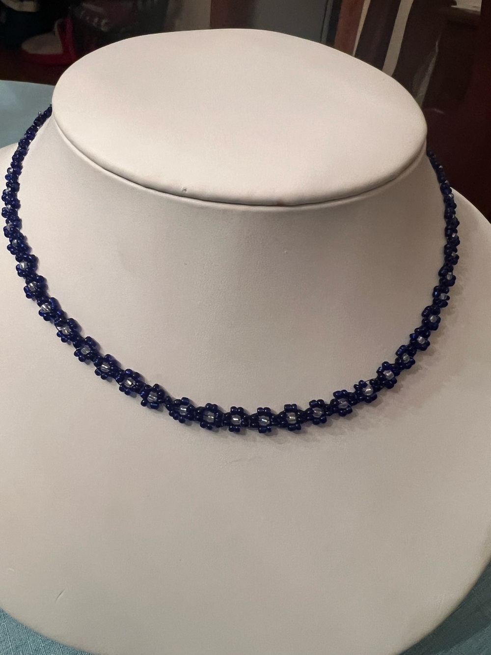 18” dark blue and clear hand beaded flower necklace